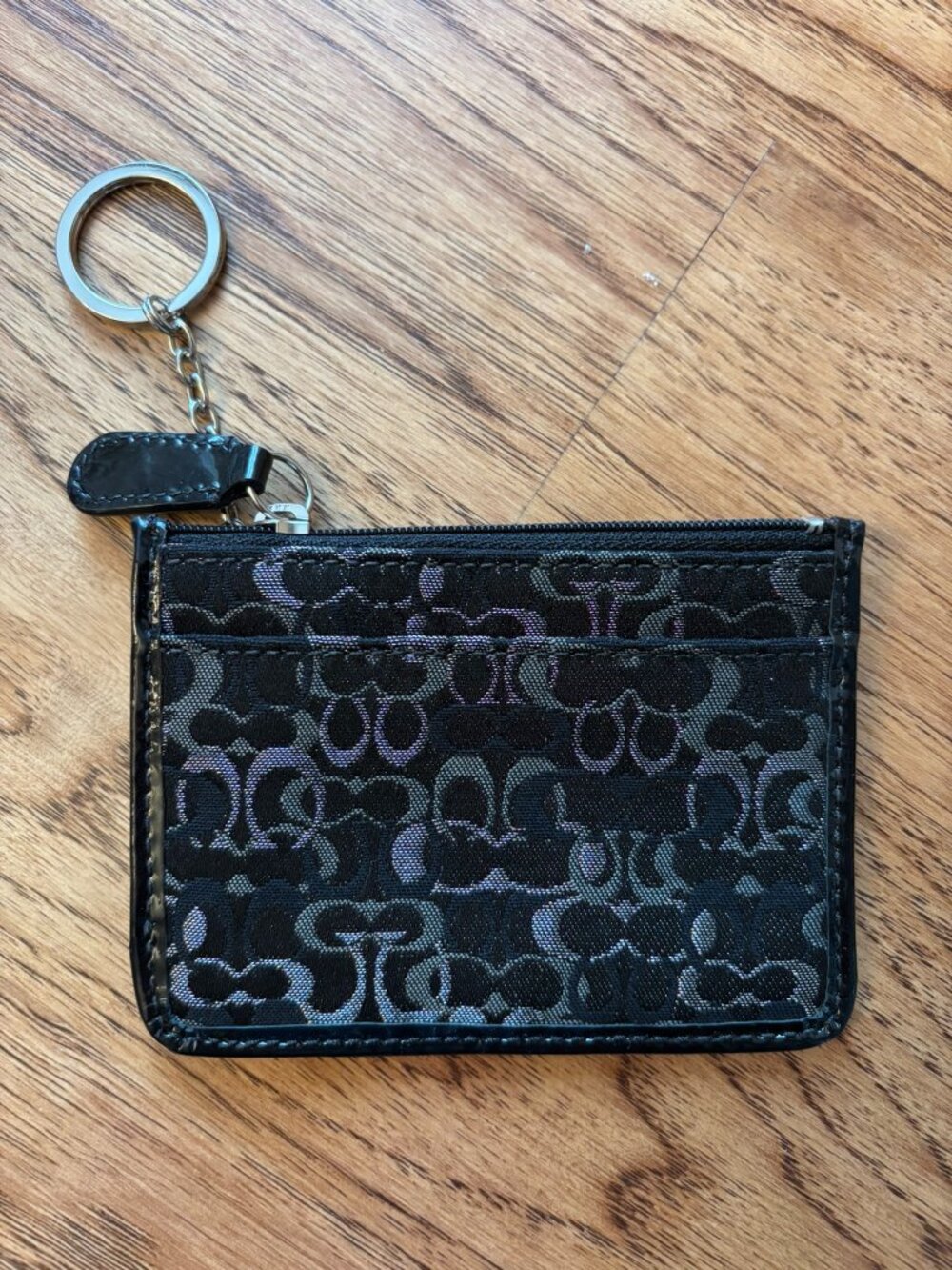 NEW! Coach Black Signature C Logo Mini Zip Wallet Card Case ID Holder Key Ring